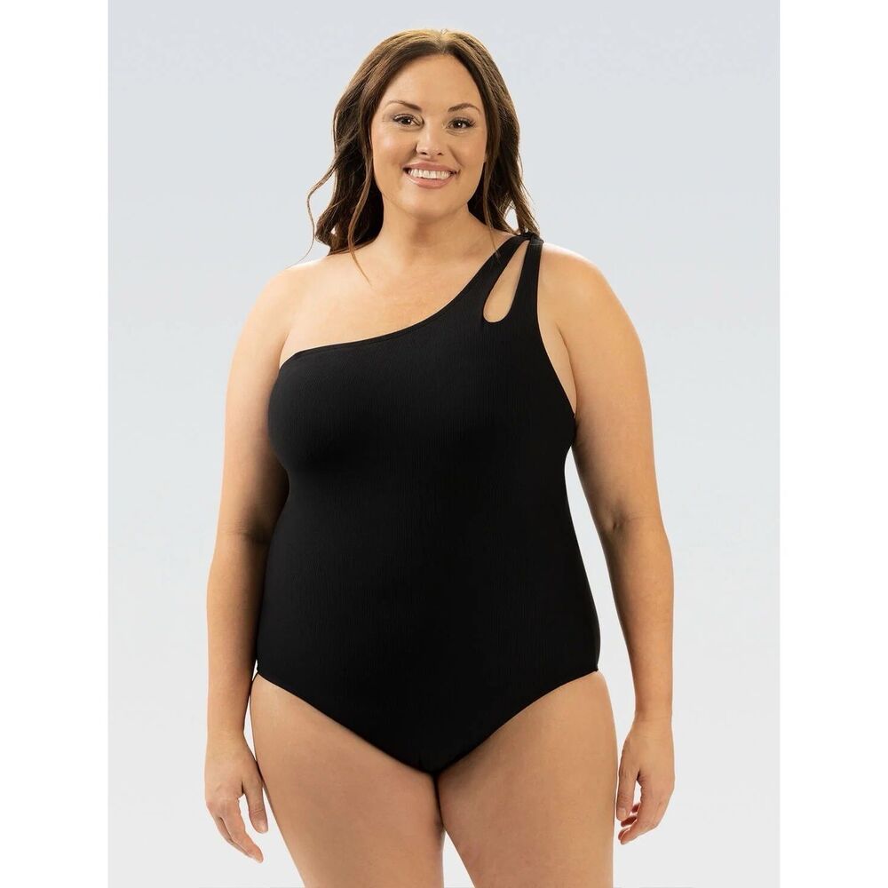Dolfin Women's Aquashape Moderate Asymmetrical One Piece Black Ribbed‎ Sz 16
